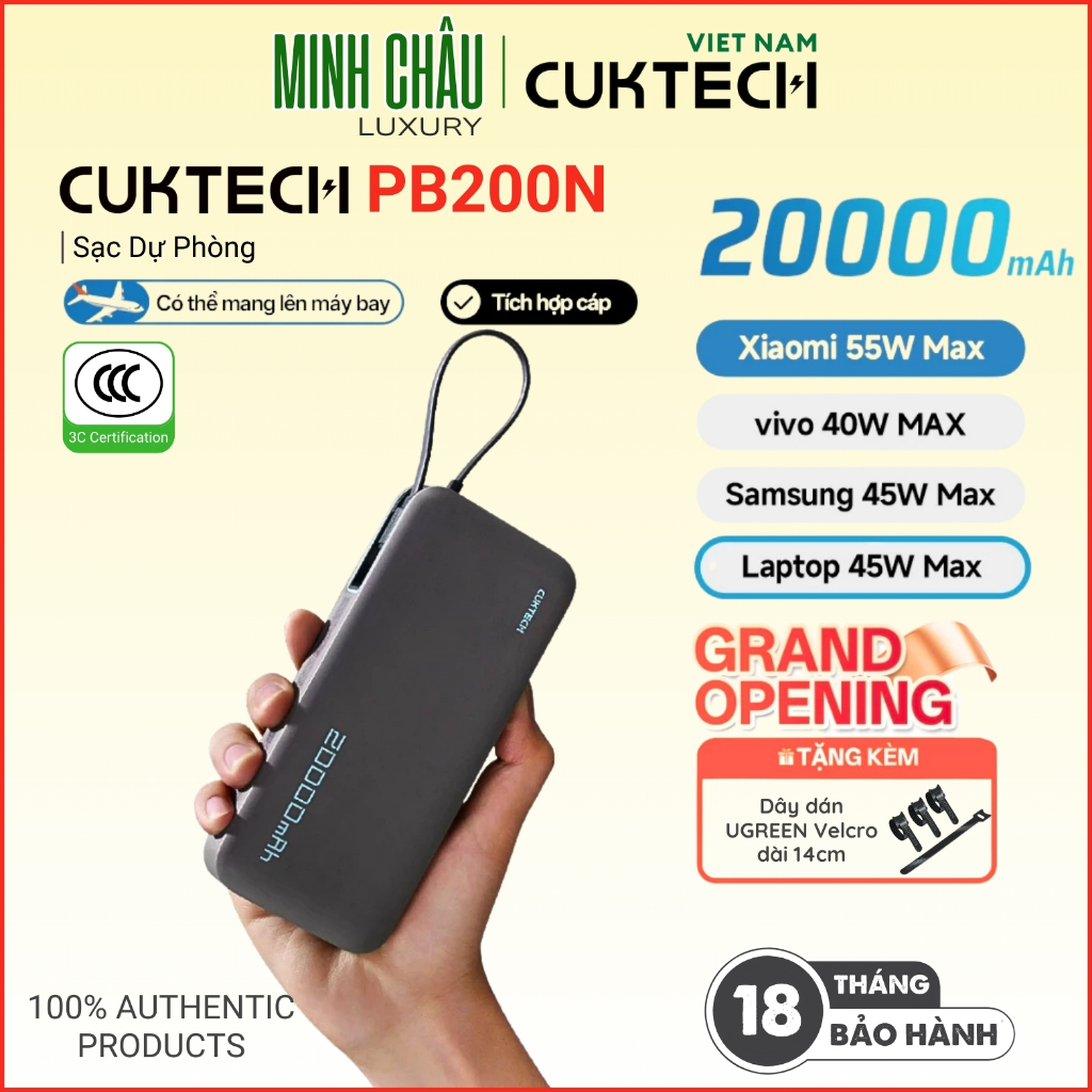 Sạc Dự Phòng CUKTECH Sạc Nhanh 55W 20000mAh, Tích Hợp Cáp, Hỗ Trợ Xiaomi 55W Samsung 45W iP16/15 - P