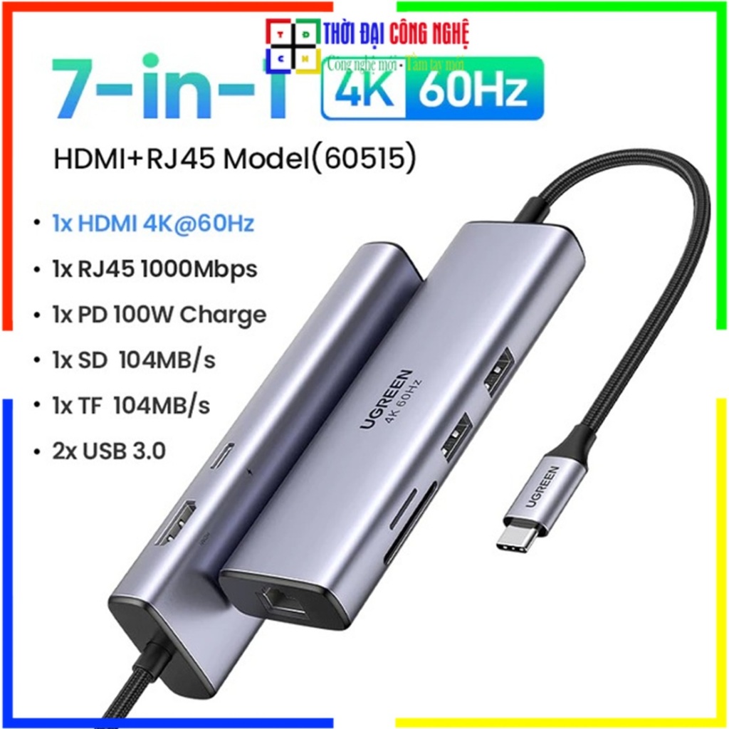 Hub Ugreen CM512 (60515) 7-in-1 Type C ra HDMI 4K@60Hz LAN Gigabit USB 3.0 PD 100W, BH 18 tháng - TH