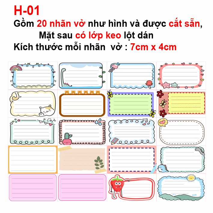 Nhãn vở dễ thương như hình (set 20 nhãn vở)