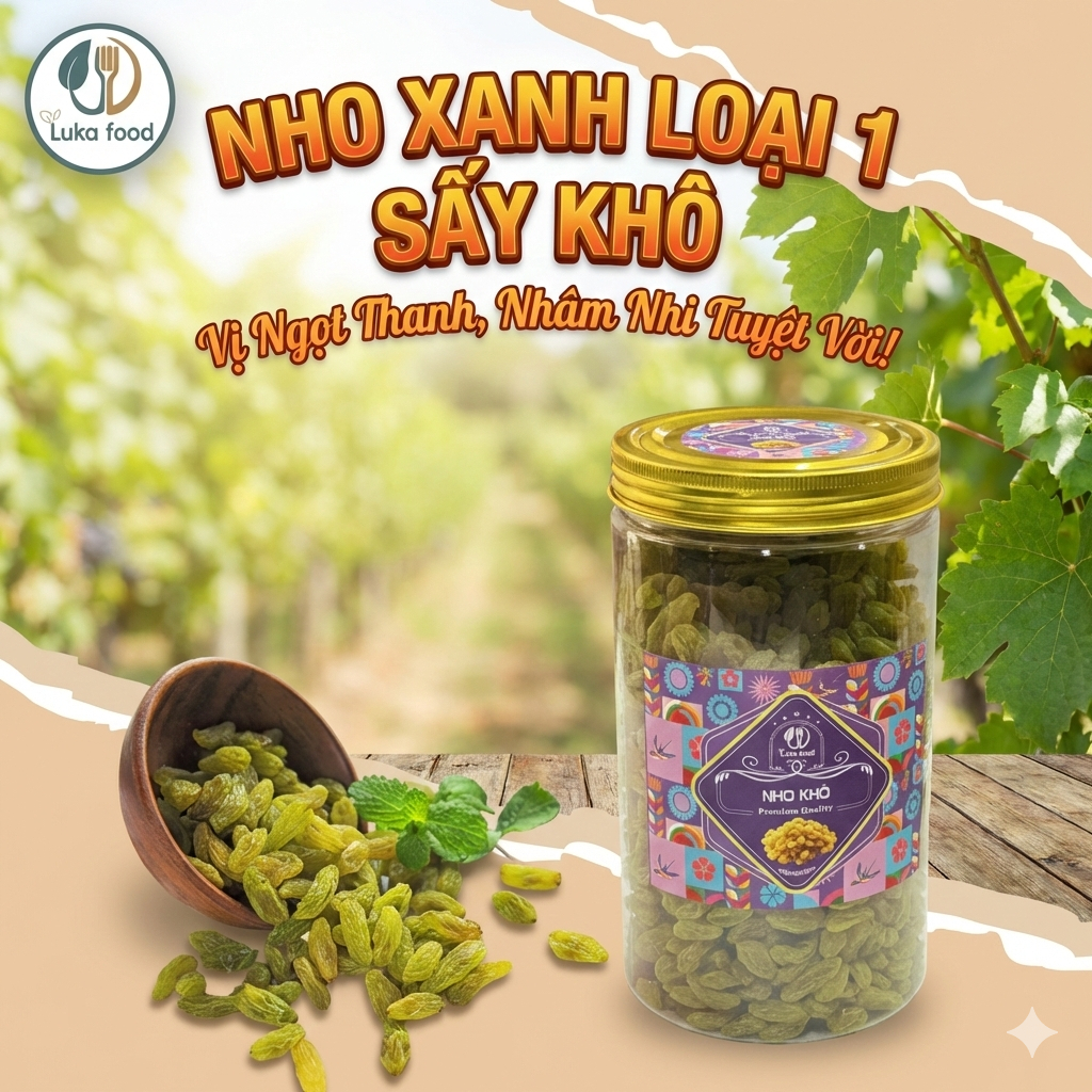 Nho Xanh Sấy Khô Không Hạt Loại 1 - Nho Không Hạt, Sạch Cát, Vị Ngọt Tự Nhiên, Không Đường, Không Hô