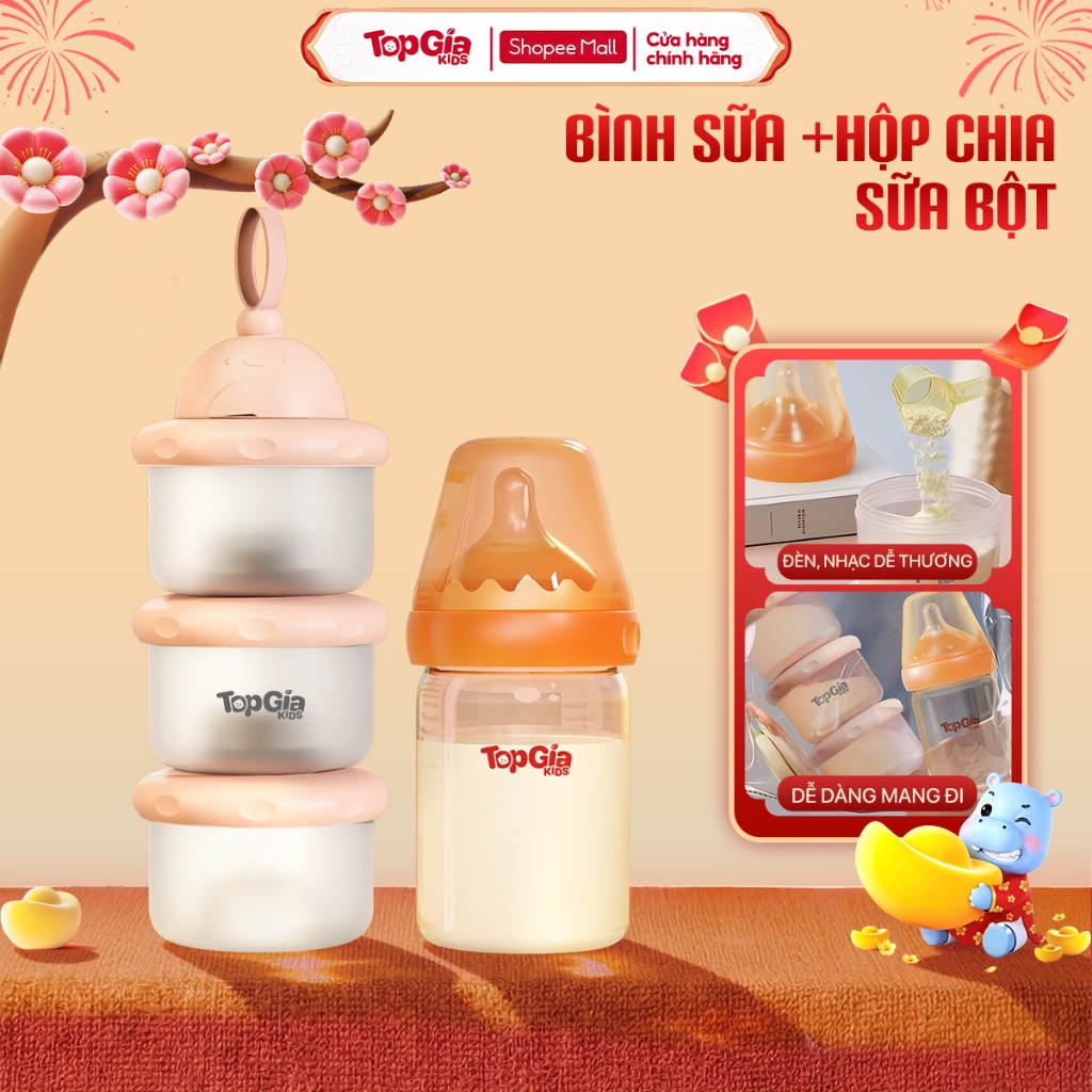 Combo bình thủy tinh Topgiakids 180ml và hộp chia, đựng sữa bột 3 ngăn tiện lợi pha sữa cho bé
