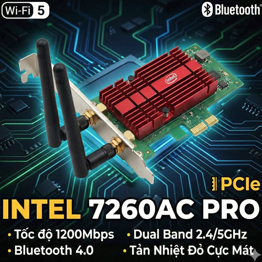 Card Wifi Intel 7260AC Pro Dual Band 1200Mbps - Bluetooth 4.0 - Có Tản Nhiệt (Cho máy tính bàn PC)