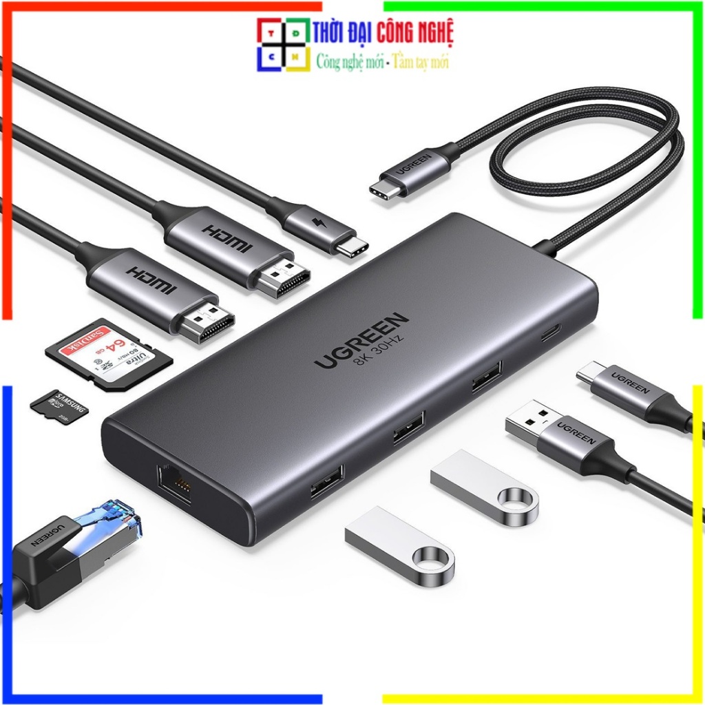 Hub USB C 10-in-1 Ugreen CM639 (15534) Revodok Pro 210 Dual HDMI 4K@60Hz 8K@30Hz LAN PD 100W | BH 18
