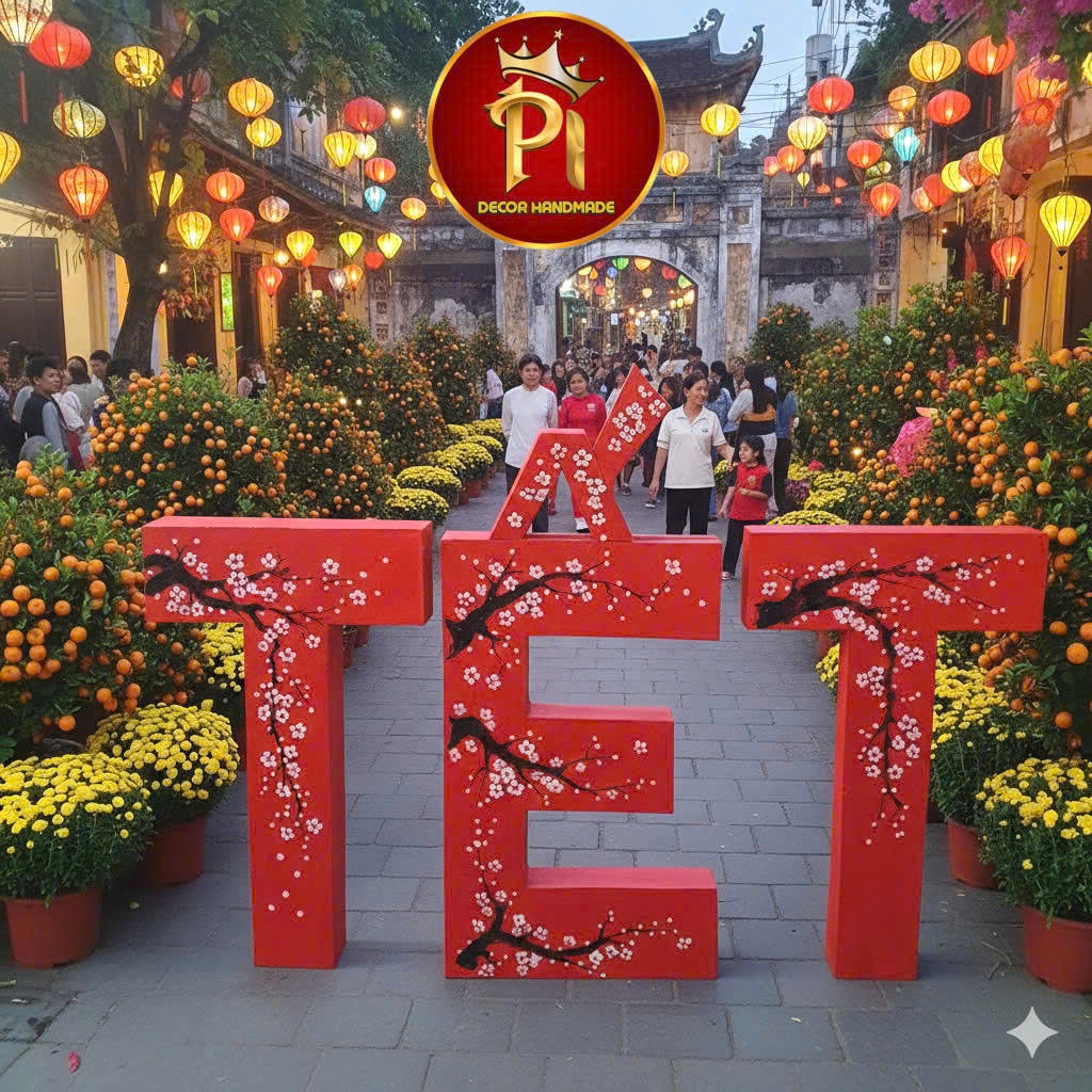 Chữ Tết to thư pháp chất liệu xốp đặc sơn vẽ hoa đào tỉ mỉ bền đẹp trang trí Tết,tiểu cảnh Tết ngoài