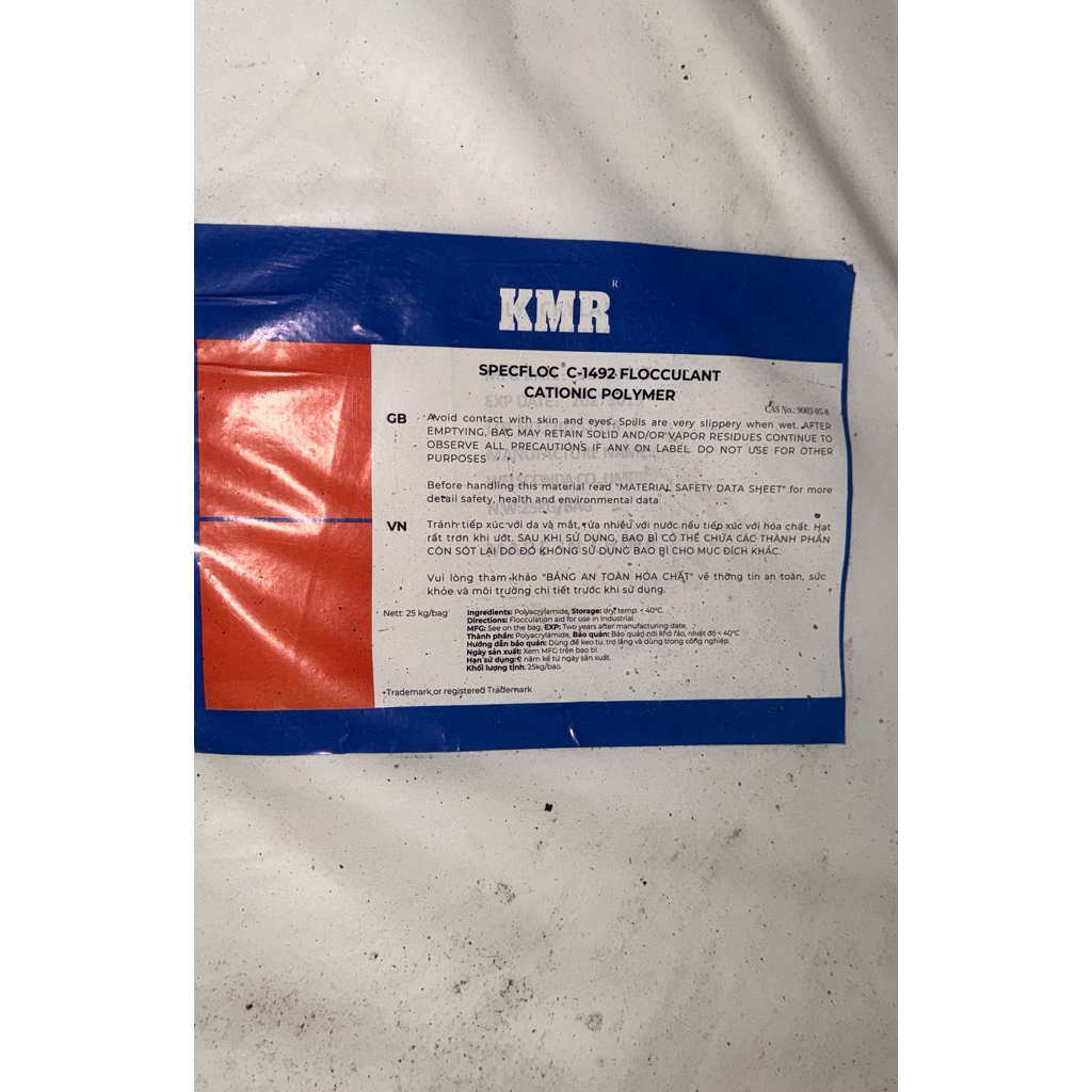 1kg Polymer Cation C-1492 KMR chất Keo Tụ - Kết Dính Tạo Bông Bùn ( Máy Ép Bùn )