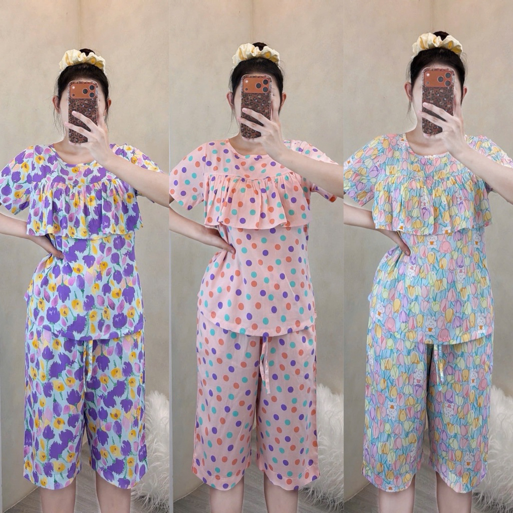 Đồ bộ tole nữ, bộ lanh mặc nhà quần lửng, áo tay ngắn cổ tròn F21 VNXK.