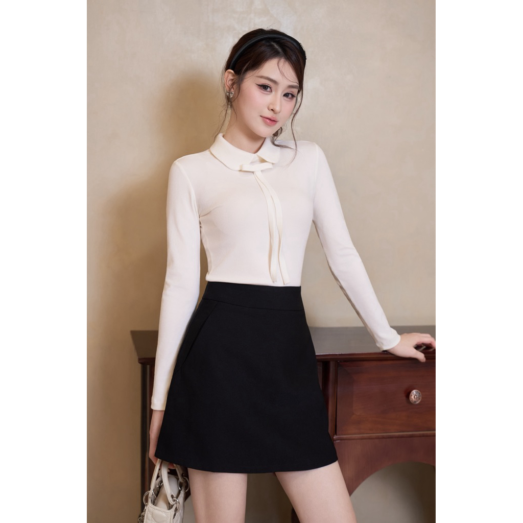 HALIS STUDIO - Áo Thun Gân Mịn Giữ Nhiệt Tay Dài, Tặng Nơ Tiểu Thư Chic Top