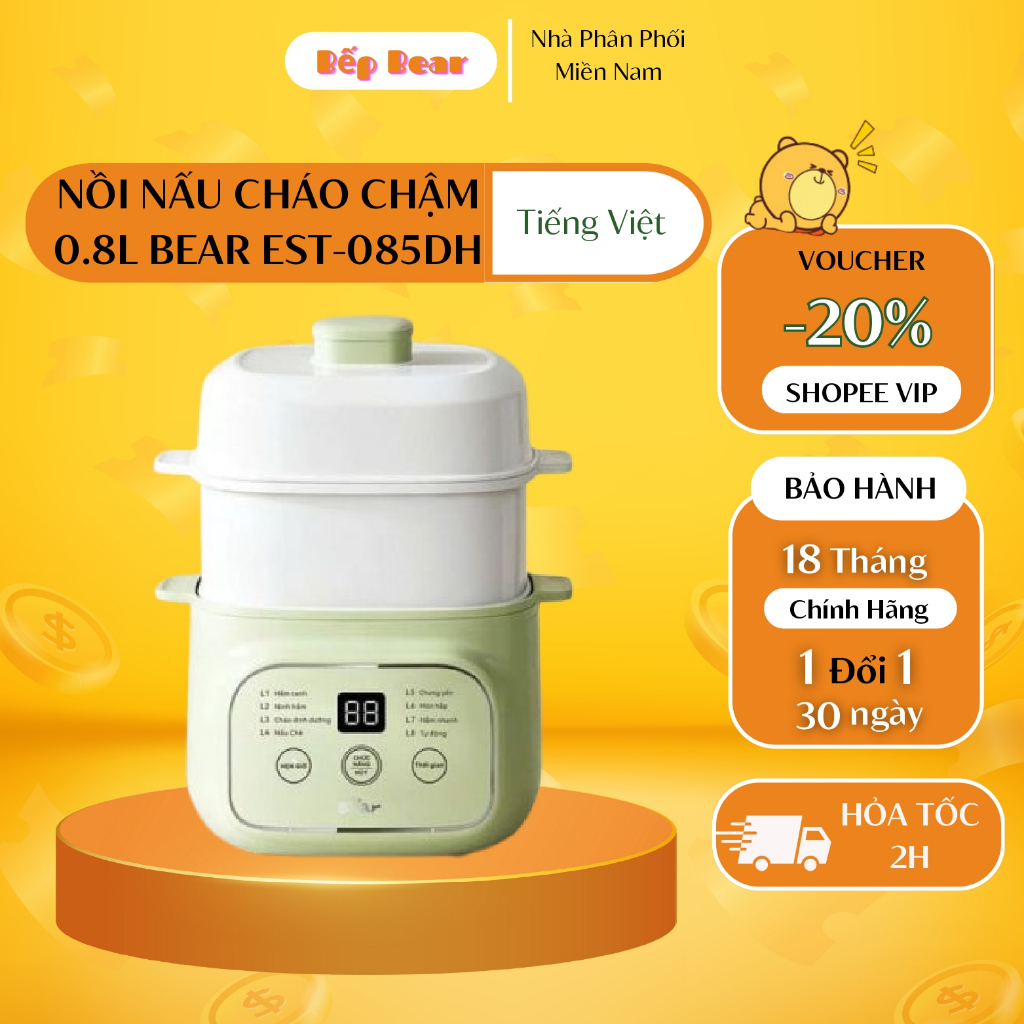 Nồi Nấu Cháo Chậm Bear 0.8L Nồi Nấu Chậm Nồi Chưng Yến Cách Thuỷ Nồi Nấu Cháo Cho Bé Nấu Chậm Đậm Dưỡng Chất EST-085DH