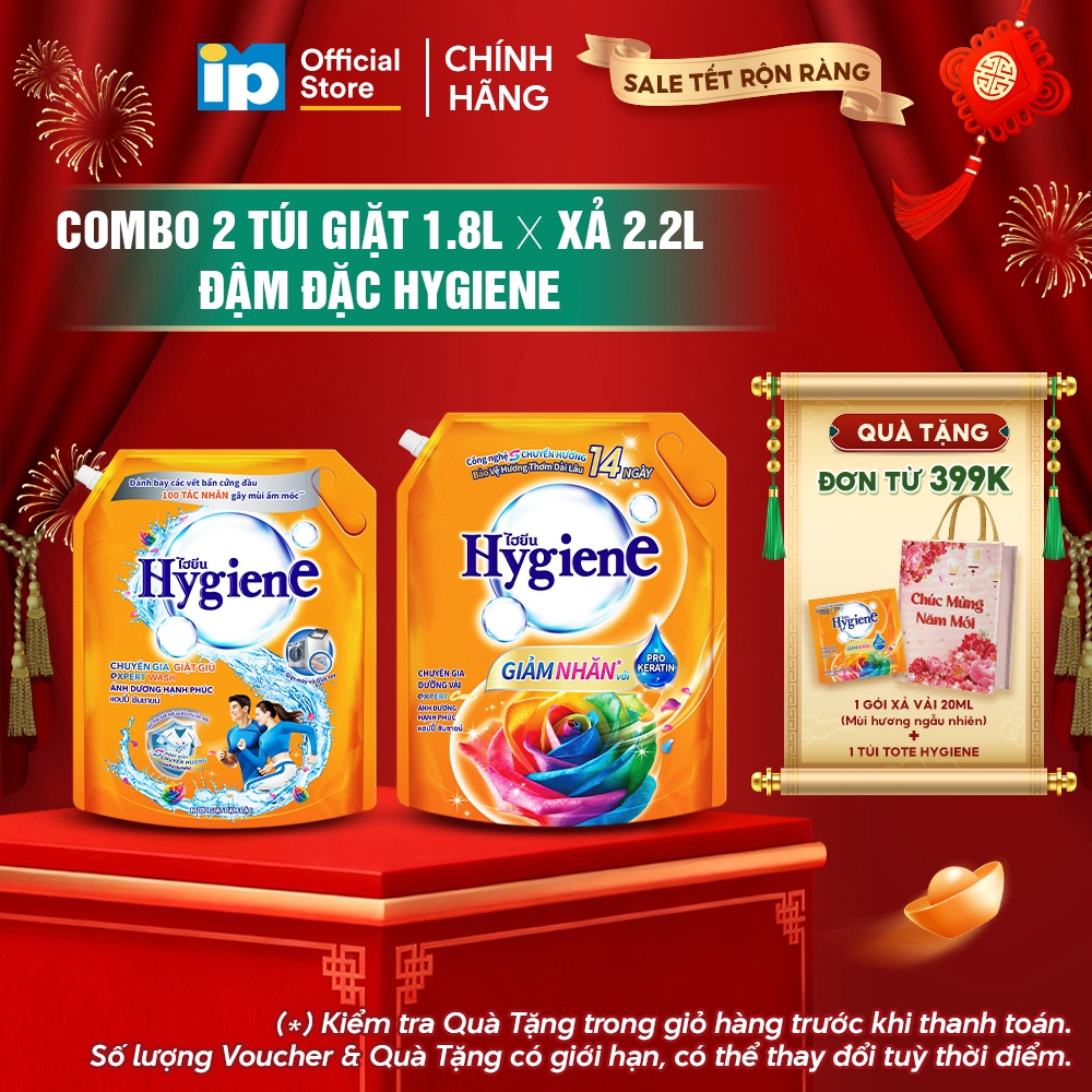 Combo Túi Nước giặt Đậm Đặc Hygiene 1.8L x Nước Xả Vải Đậm Đặc Hygiene 2L/2.2L - Hương Ánh Dương Hạn