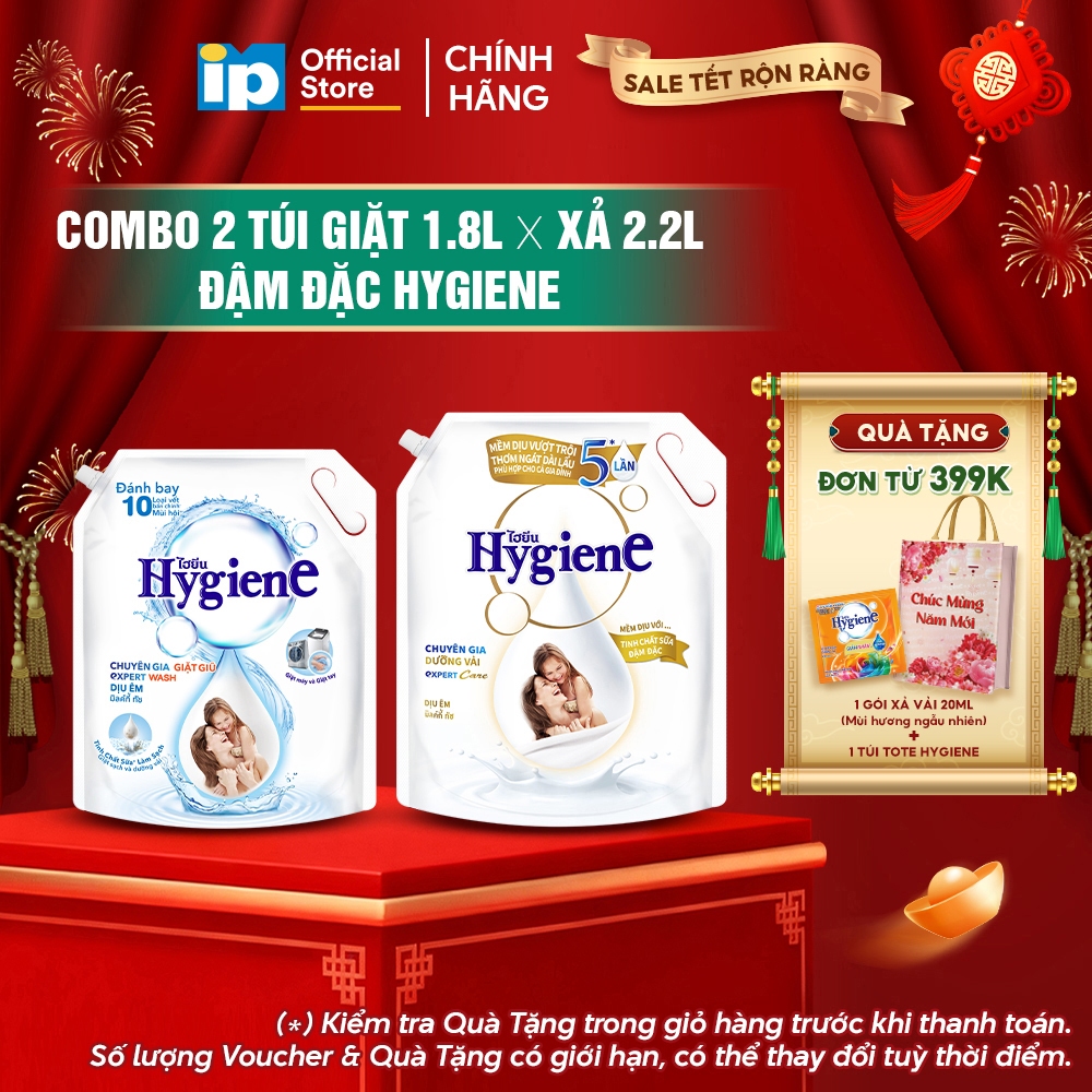 Combo Túi Nước giặt Đậm Đặc Hygiene 1.8L x Nước Xả Vải Đậm Đặc Hygiene 2L/2.2L - Hương Dịu Êm