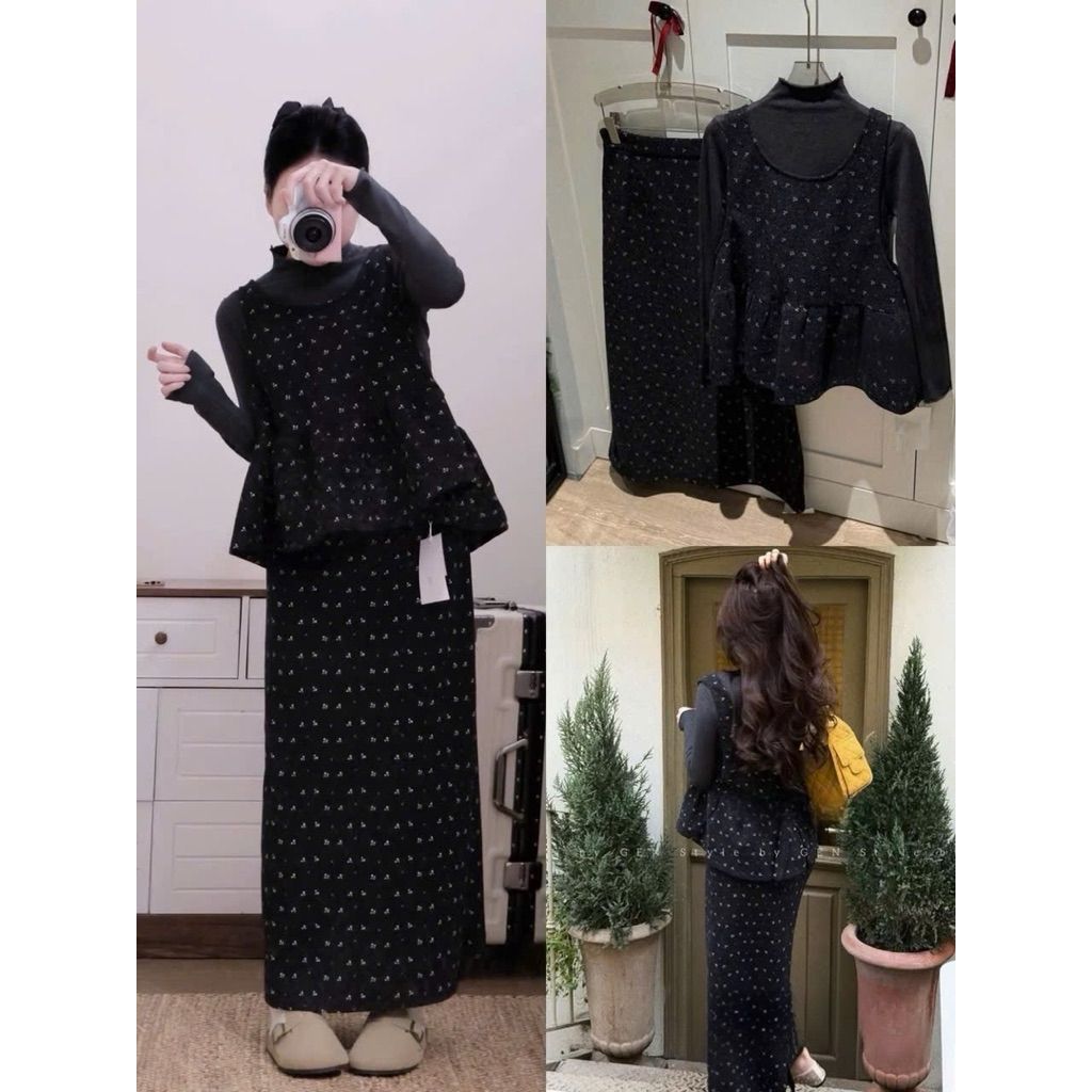 Sét 3 món áo gile dạ hoa nhí vintage buộc dây nơ kèm áo tăm dài tay phối chân váy dáng dài hoaithush