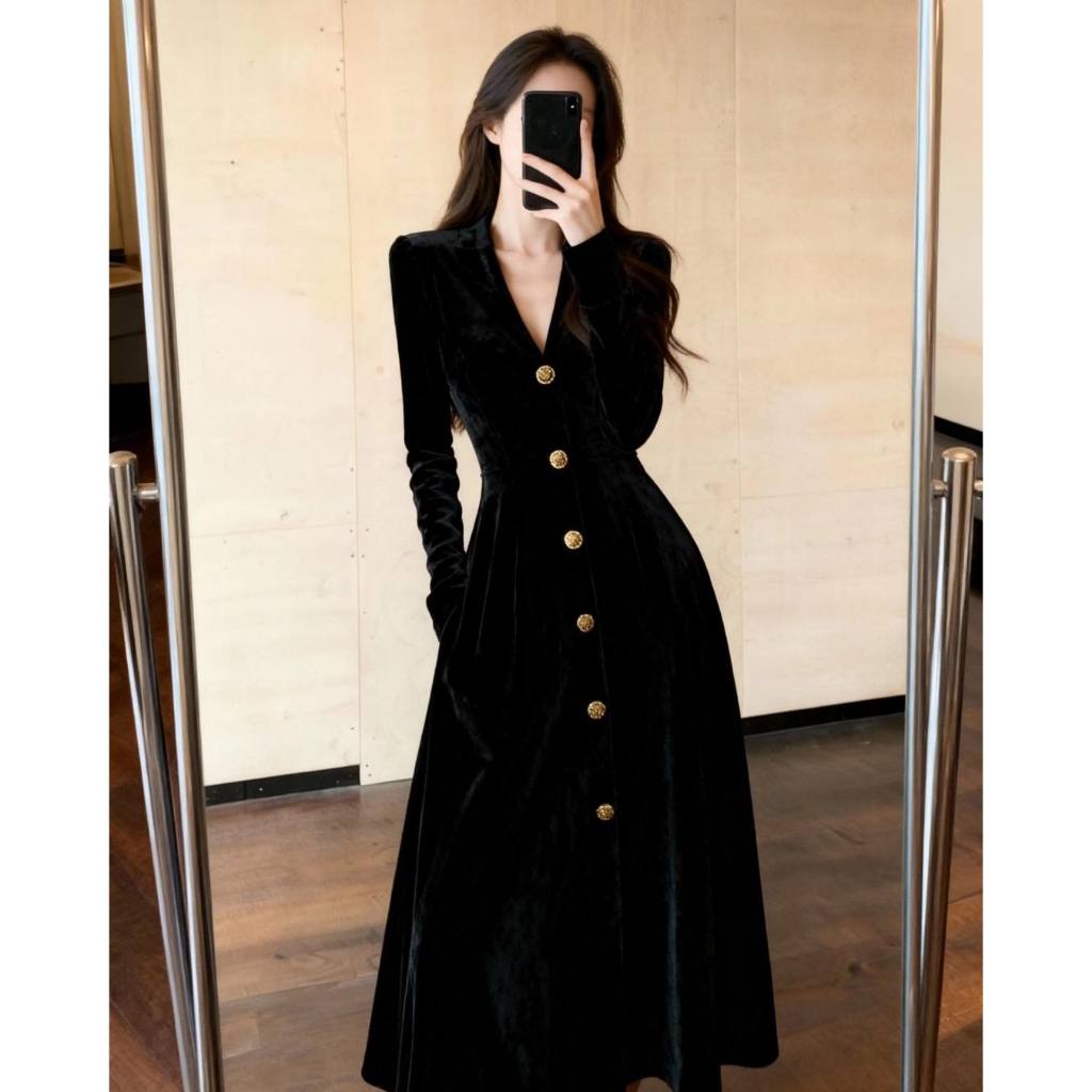 Váy nhung bồng dài tay Phitho Eclipse Clothing