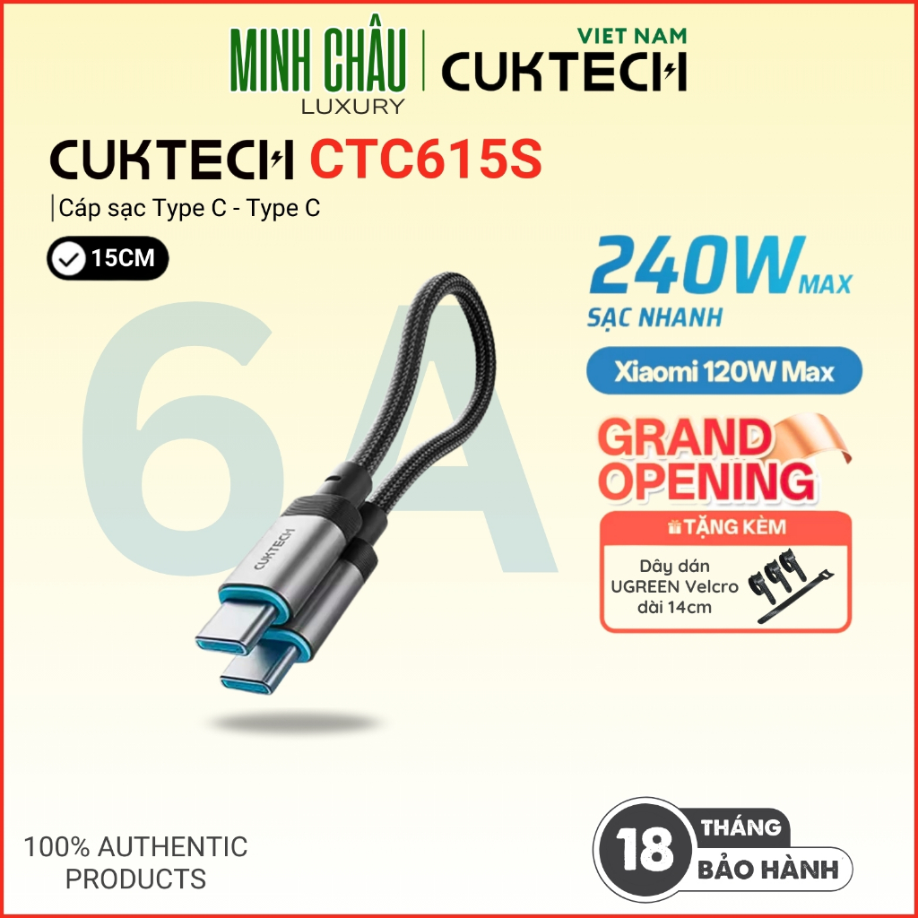 Cáp Sạc Nhanh CUKTECH C to C dài 15cm | Công Suất Sạc Max 240W | Truyền Dữ Liệu 480 Mbps | CTC615S -