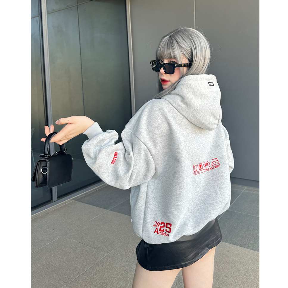 HOODIE ZIP BOXY Thêu Đắp Amadus Nỉ Bông Unisex Nam Nữ Tay Phồng