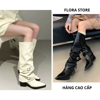 Giày Bốt Boots Nữ Da Đen Trắng Nâu Ống Cao Da Mềm Cổ Nhún Khóa Đai Gót Vuông Phong Cách Western - FLORA B23