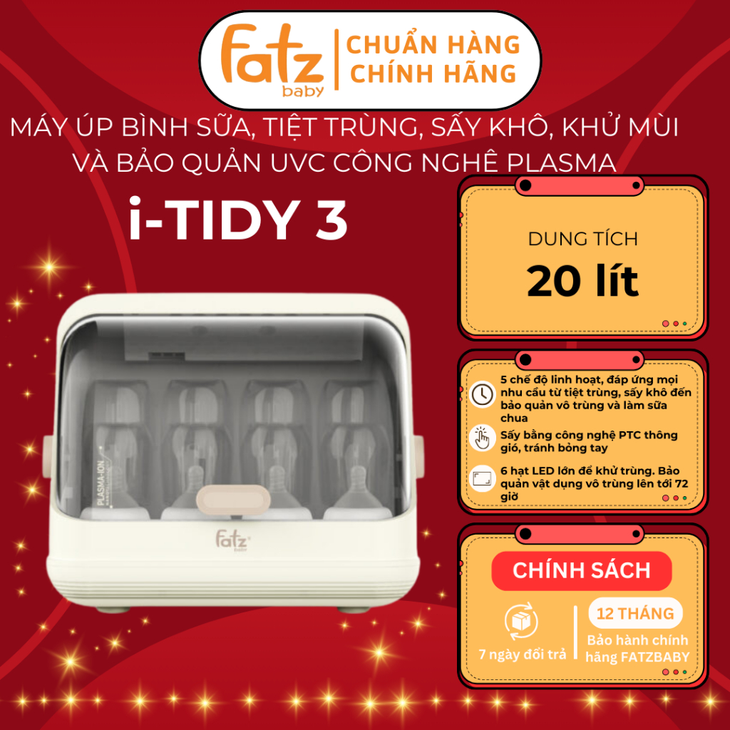 Máy úp bình sữa FATZ BABY i-Tidy 3 tiệt trùng sấy khô khử mùi bảo quản UVC công nghệ PLASMA - BH 12T