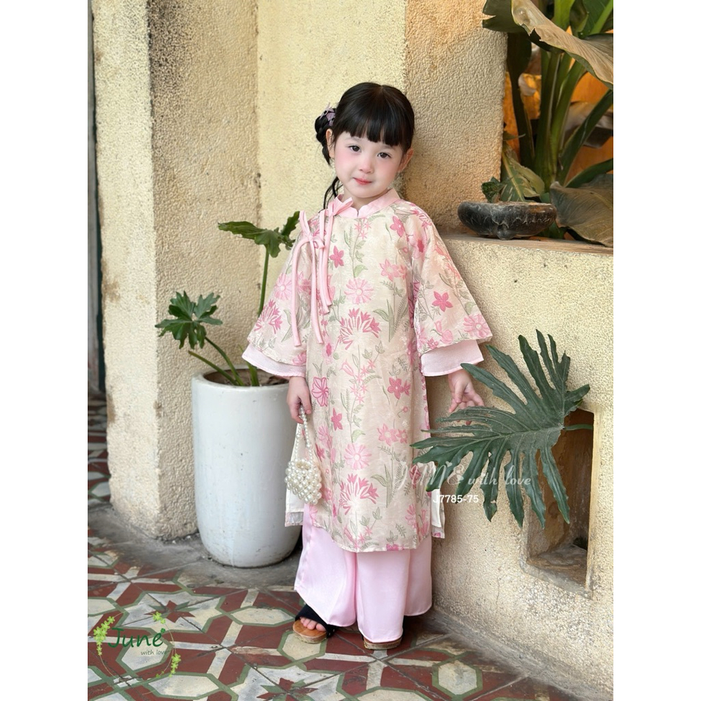 [13-40kg] Set áo dài tơ 4tà hoạ tiết hoa 3D JUNE chất tằm rập hoa ánh nhũ,quần lụa ngọc trai mềm mịn