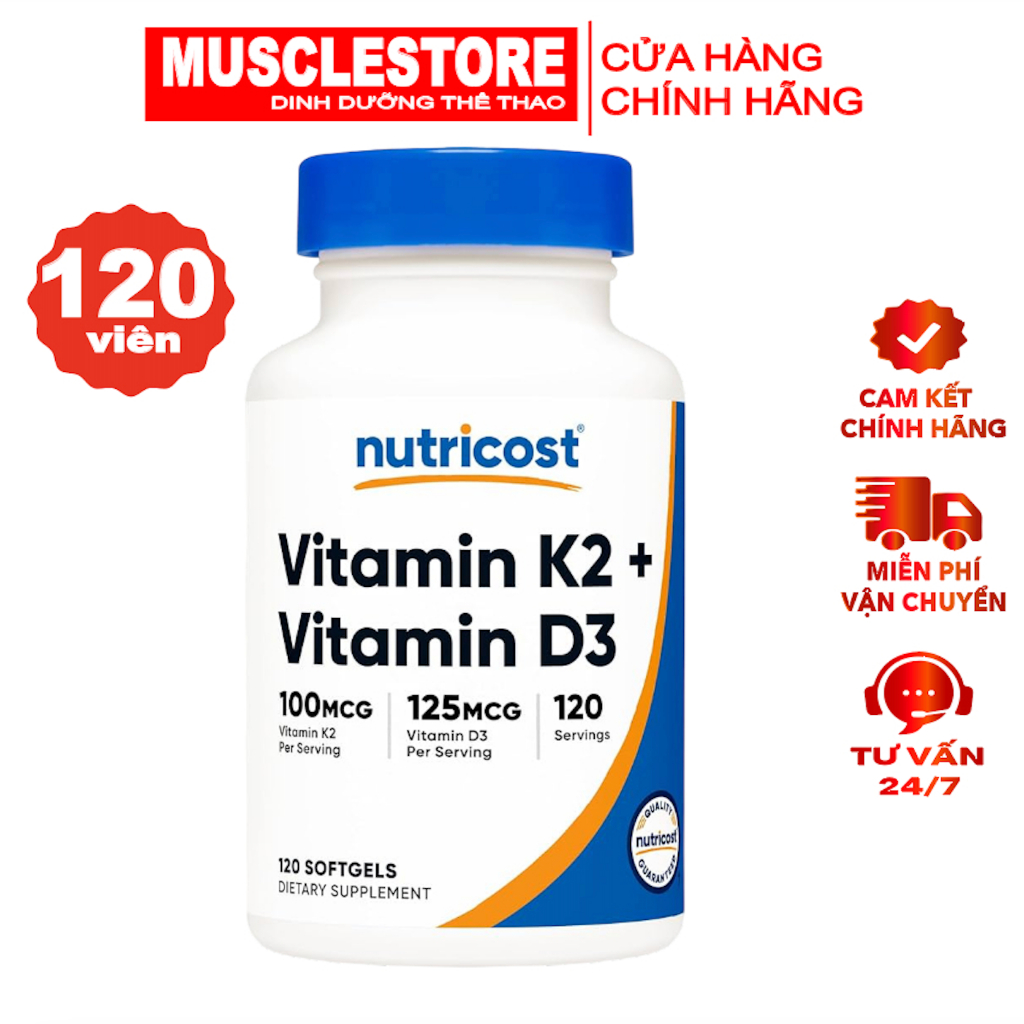 Viên Uống Nutricost Vitamin D3 + K2 MK7 (120 viên), Hỗ Trợ Răng Xương Chắc Khỏe, Ngừa Loãng Xương