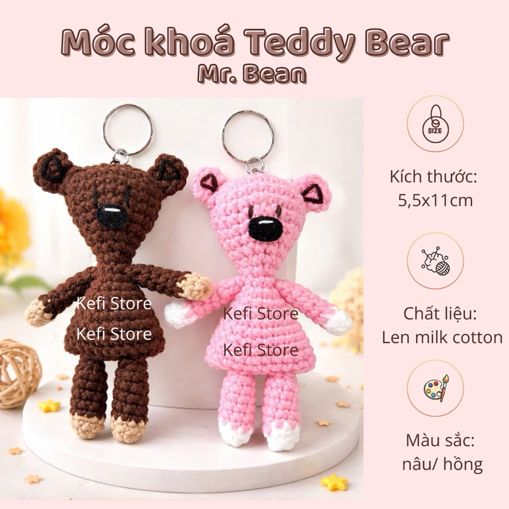 Móc khoá len teddy bear handmade, móc khoá gấu Mr.bean