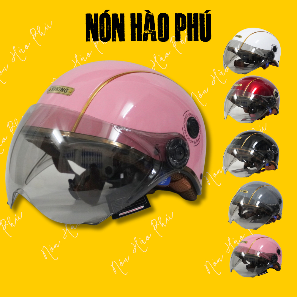 Mũ bảo hiểm nửa đầu CHÍNH HÃNG VIKING03 SỌC ĐỒNG cao cấp kính gập, nón bảo hiểm chính hãng nam nữ