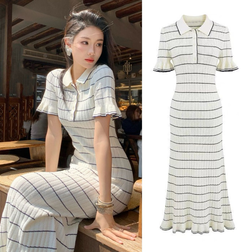(MORAN STUDIO) - SẴN - ĐẦM LEN TRẮNG KẺ ĐEN CO GIÃN PHONG CÁCH YOUNG VIBE HÀN QUỐC