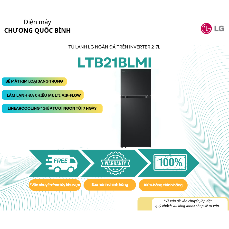 Tủ lạnh LG ngăn đá trên Smart Inverter™ 217L màu đen lì LTB21BLMI