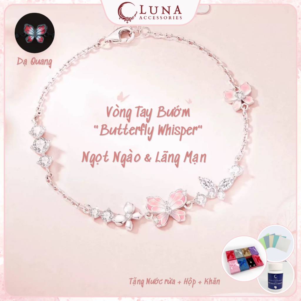 💖 [Tặng nước rửa bạc + hộp] Vòng Tay Nữ Bướm Hồng Đính Đá "Butterfly Whisper" | Ngọt Ngào & Lãng Mạn