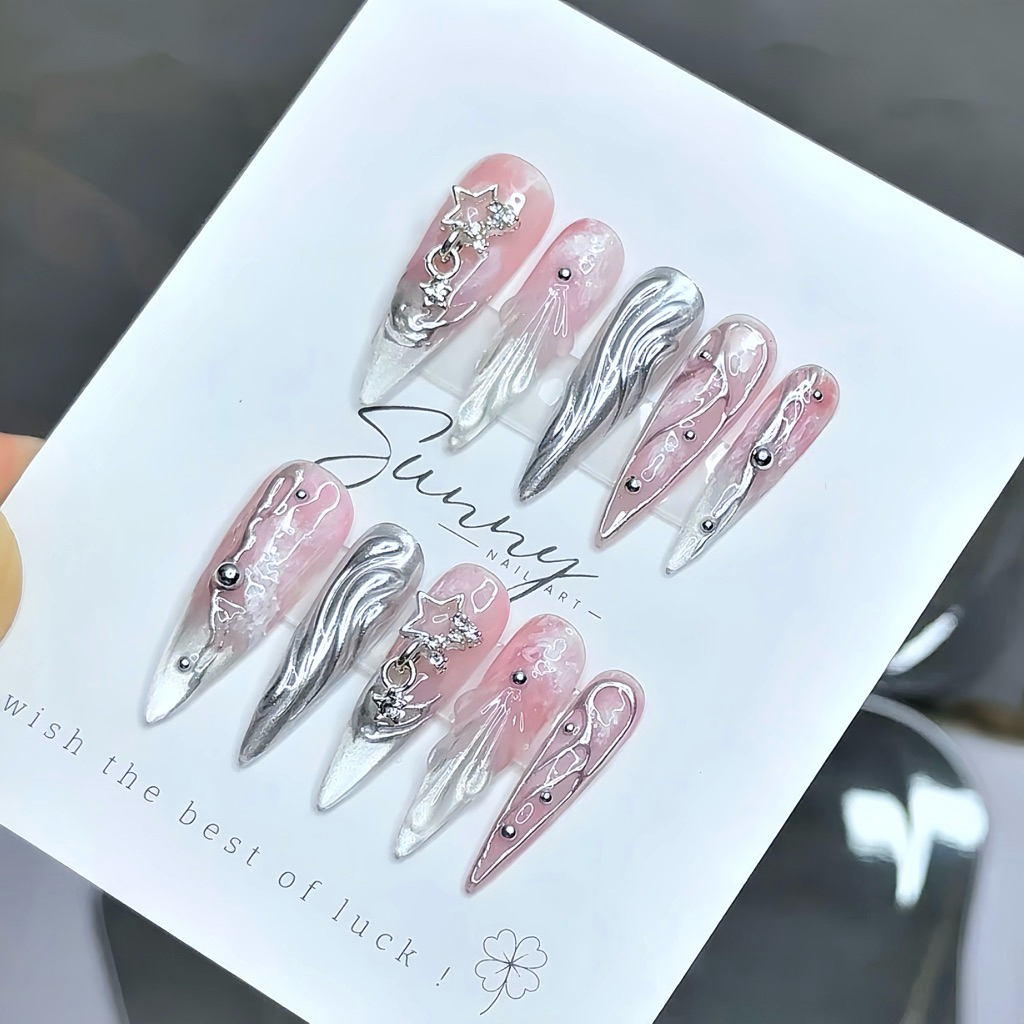 [N110] Nailbox thiết kế loang hồng nhạt tráng gương