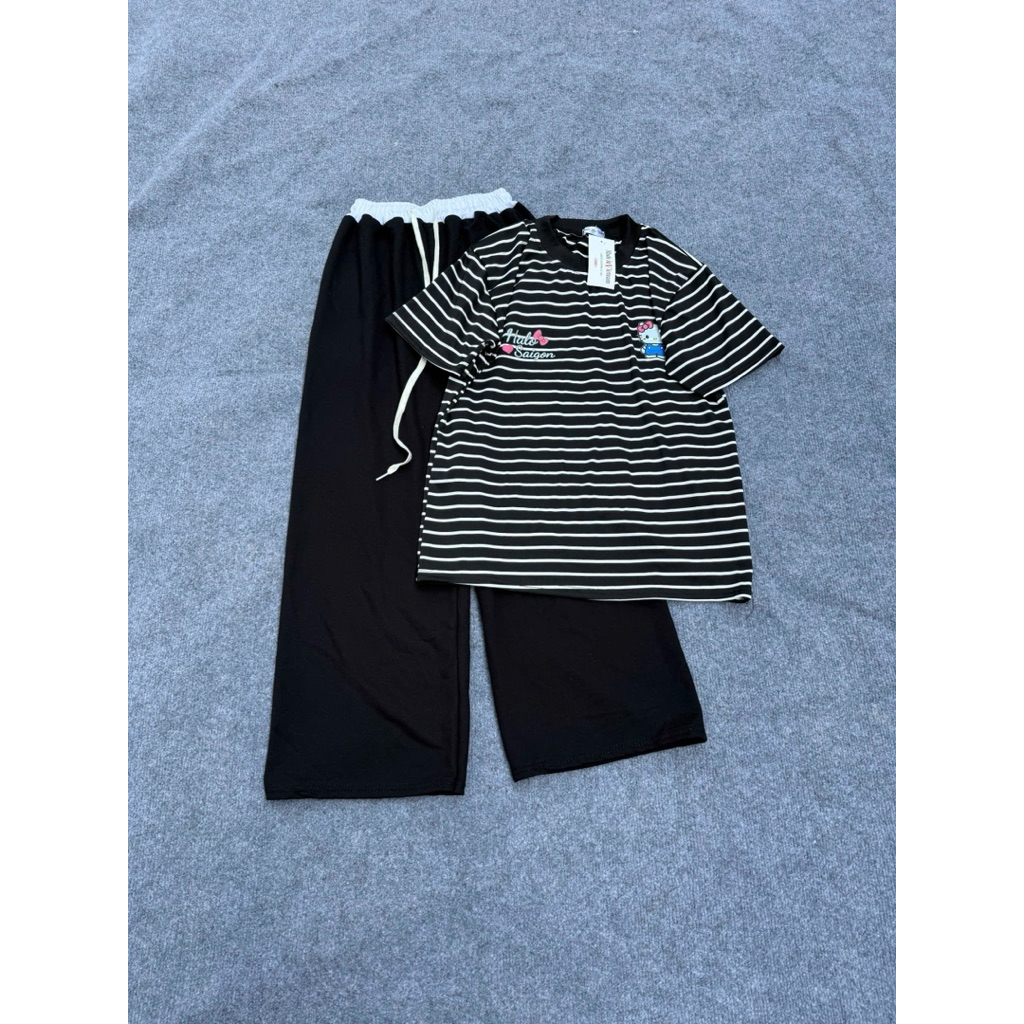 Set bộ áo thun cọc tay in kitty habo mix quần xuông đen phối cạp trắng