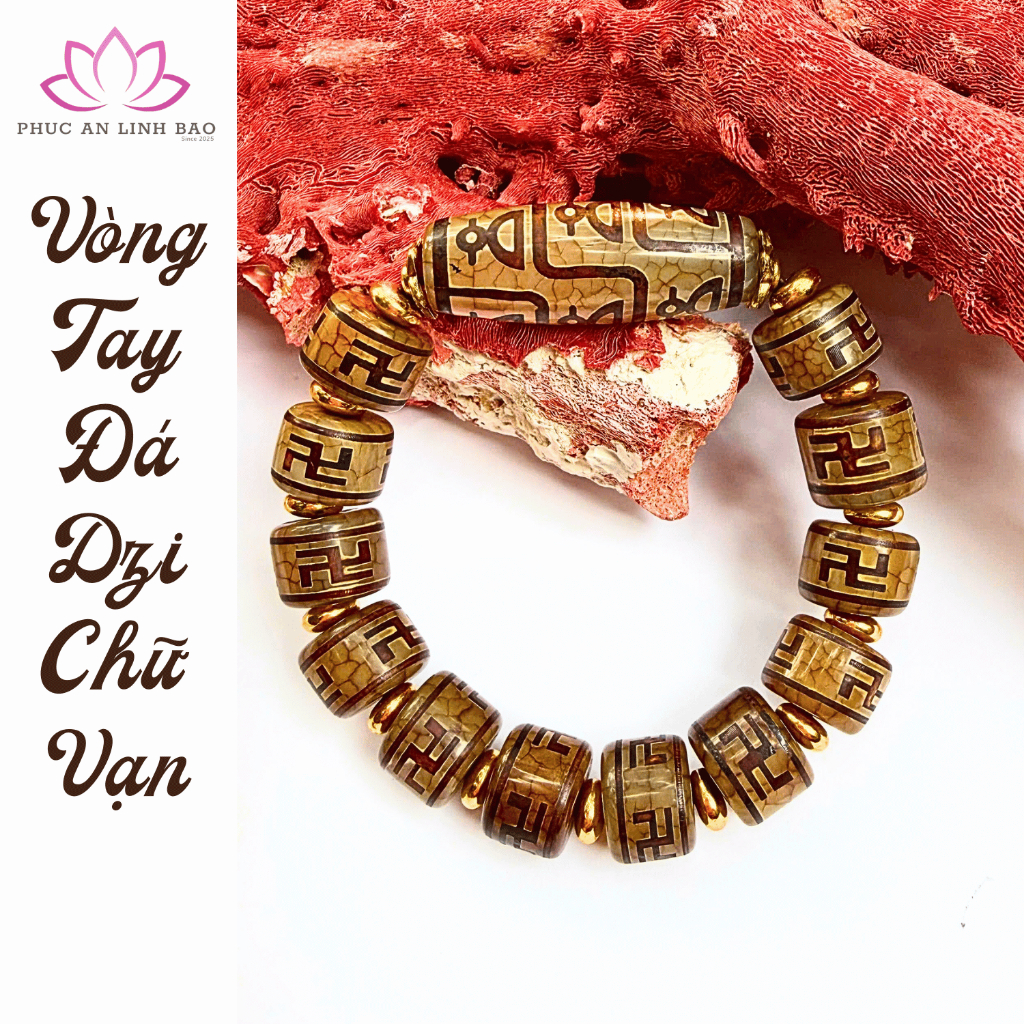 Vòng Tay Dzi Chữ Vạn 14Li Phối Dzi Thần Tài - Phúc An Linh Bảo - Bình An & Tài Lộc Viên Mãn