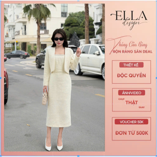 Sét Váy Dạ 2 Chi Tiết thiết kế Ella Design Áo khoác ngoài phối váy liền được may 2 lớp dày dặn phù h