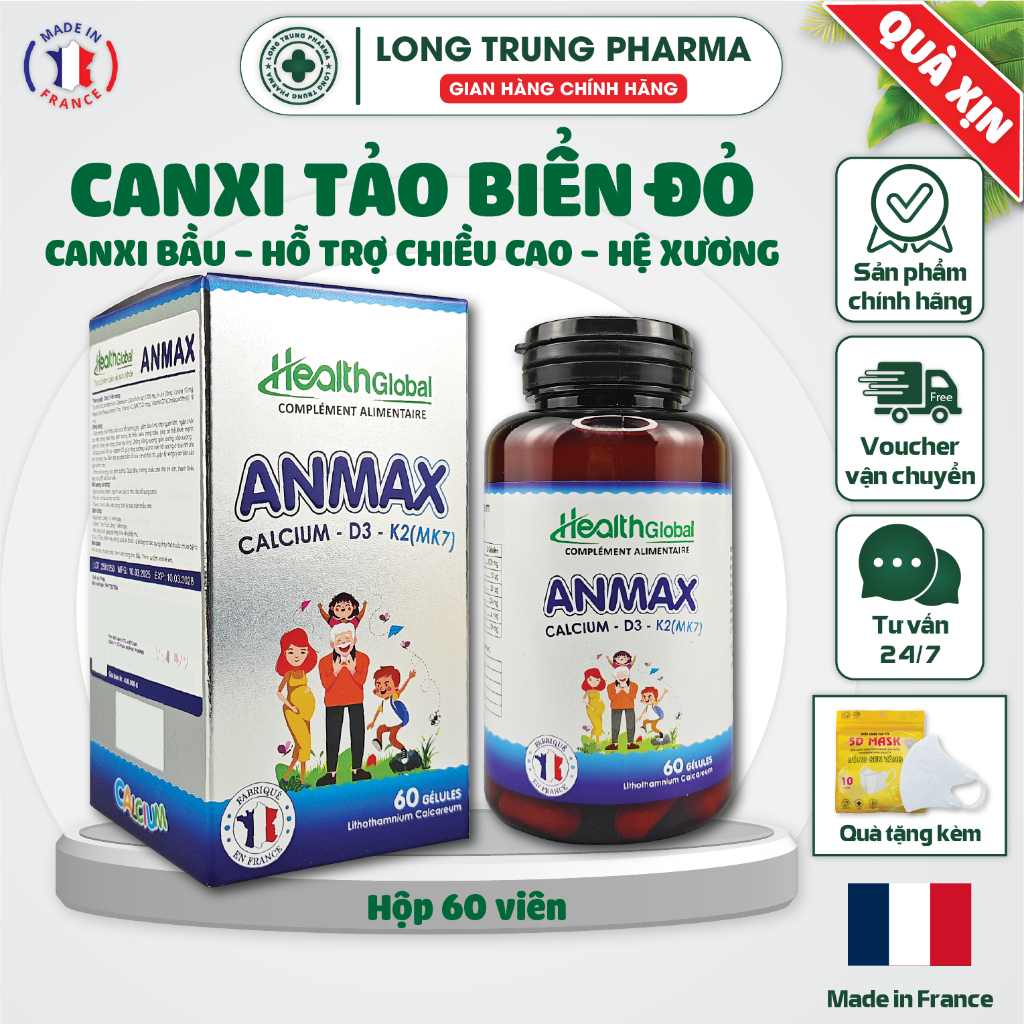 ANMAX Canxi Hữu Cơ Tảo Biển Đỏ Health Global Giúp Xương Chắc Khỏe, Ngừa Loãng Xương, Canxi Bầu (60v)