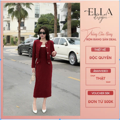 Sét Váy Dạ 2 Chi Tiết thiết kế Ella Design Áo khoác ngoài phối váy liền được may 2 lớp dày dặn phù h