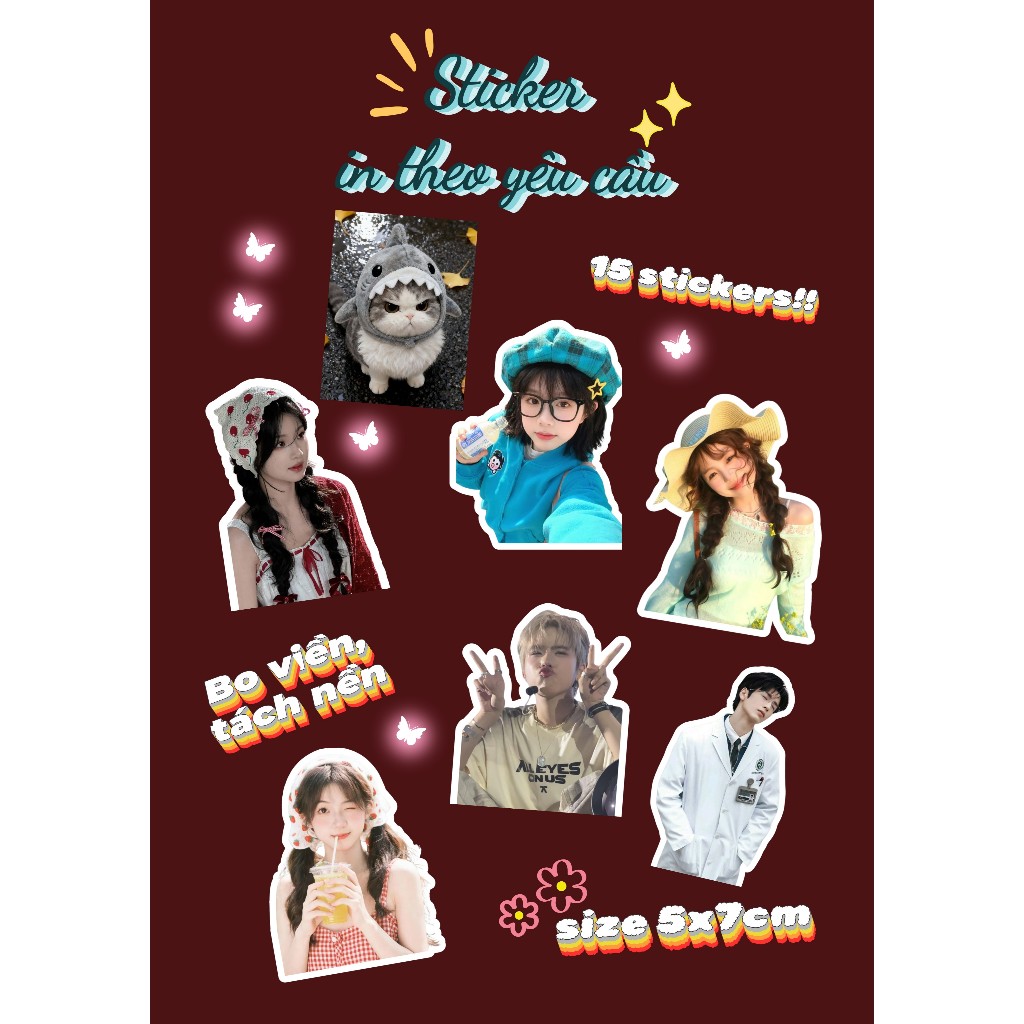 Sticker in theo yêu cầu có bo viền, tách nền ( 1 set 15 tấm 5x7cm hoặc in theo size A5/A6)