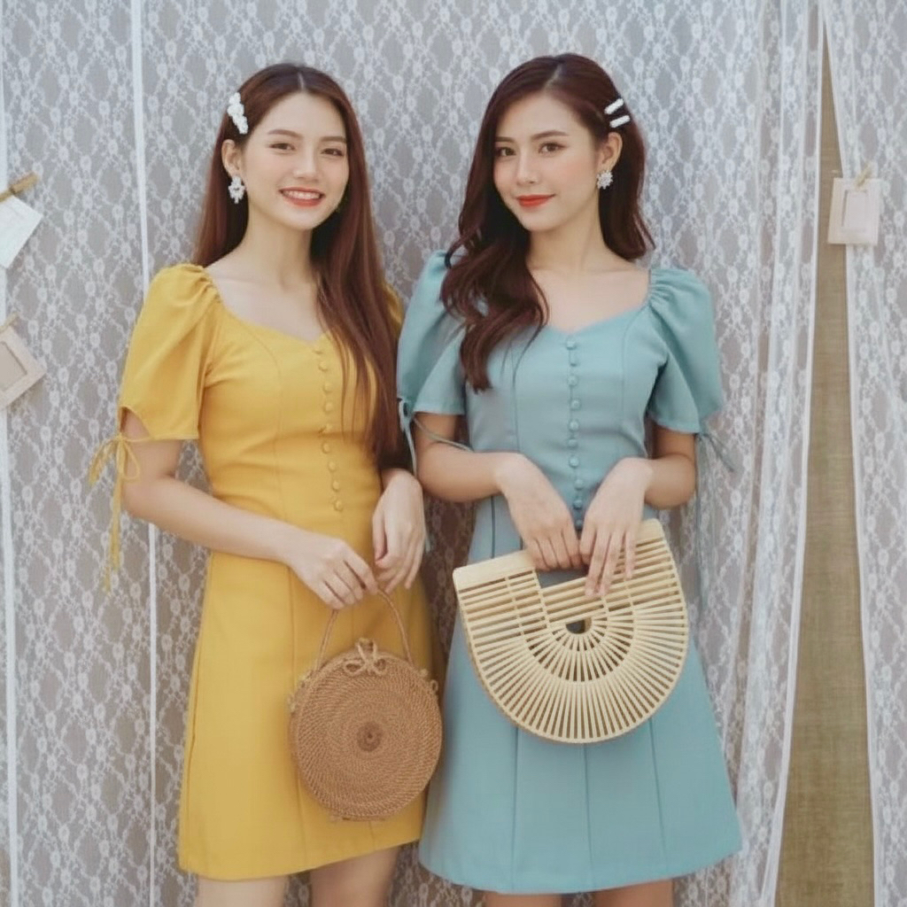 Đầm dạo phố cổ tim nút bọc tay nơ 2 màu (kèm hình thật)