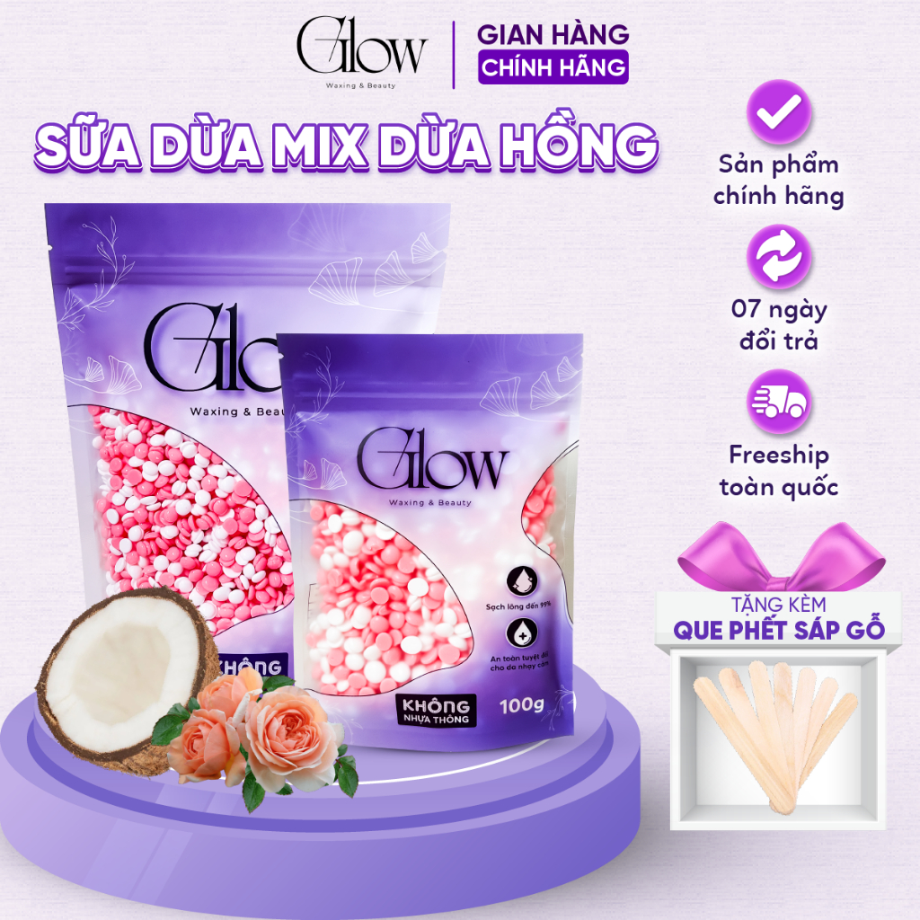 Sáp Wax Lông Sữa Dừa Mix Hoa Hồng Chuyên Wax Bikini, Body Siêu Bám Lông GLOWWAXING Tặng Que Gỗ