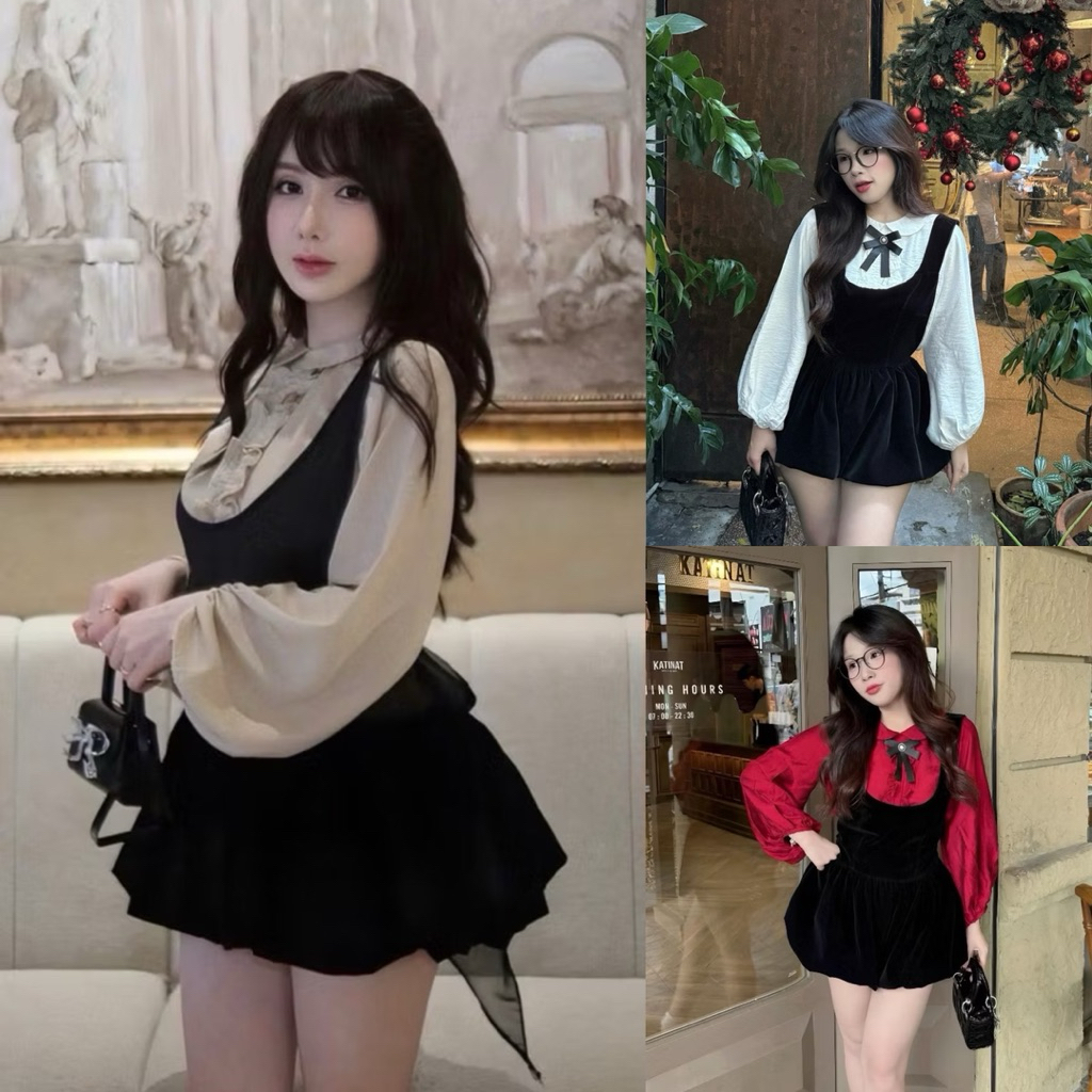 Set Áo Sơmi Đũi Cổ Sen Tay Phồng Mix Yếm Nhung Dáng Bí Hàng 2 Lớp Cột Nơ Xinh Thu Đông Kieupham.shop