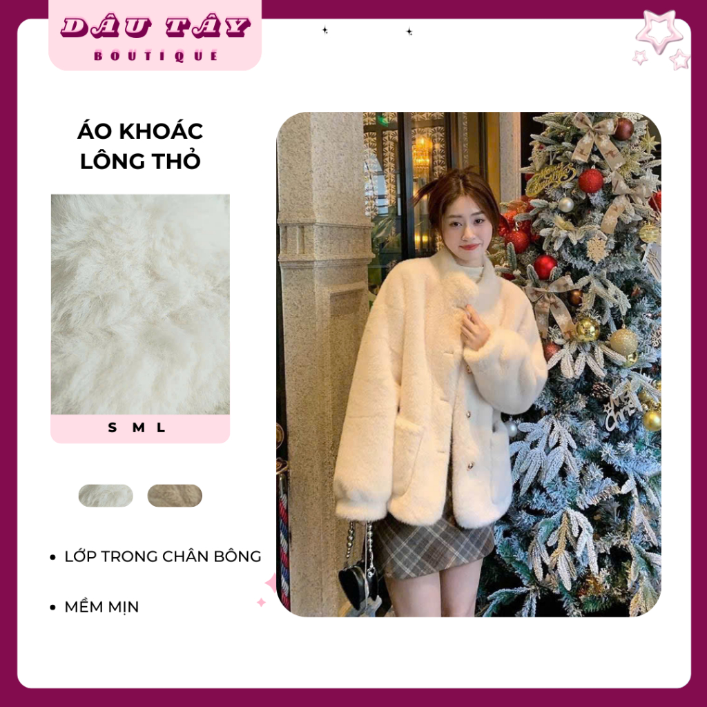 DÂU TÂY ( KÈM ẢNH THẬT ) Áo Khoác Lông Thỏ Tiểu Thư Mềm Mịn Style Douyin Cao Cấp (Kèm Cúc Đồng)