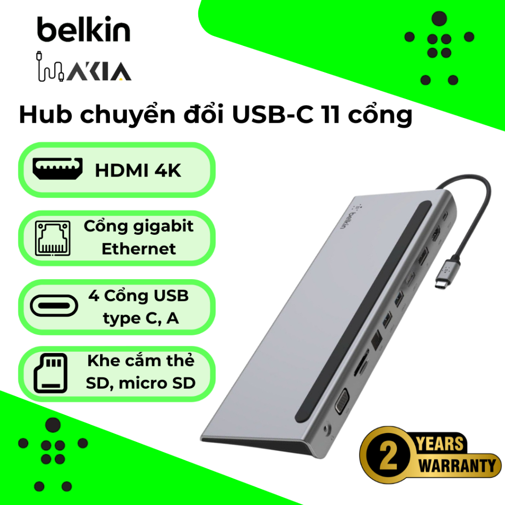 Bộ chuyển đổi Belkin 11-in-1 USB-C Hub, HDMI 4K, DisplayPort, VGA, 3 cổng USB-A, khe cắm thẻ SD