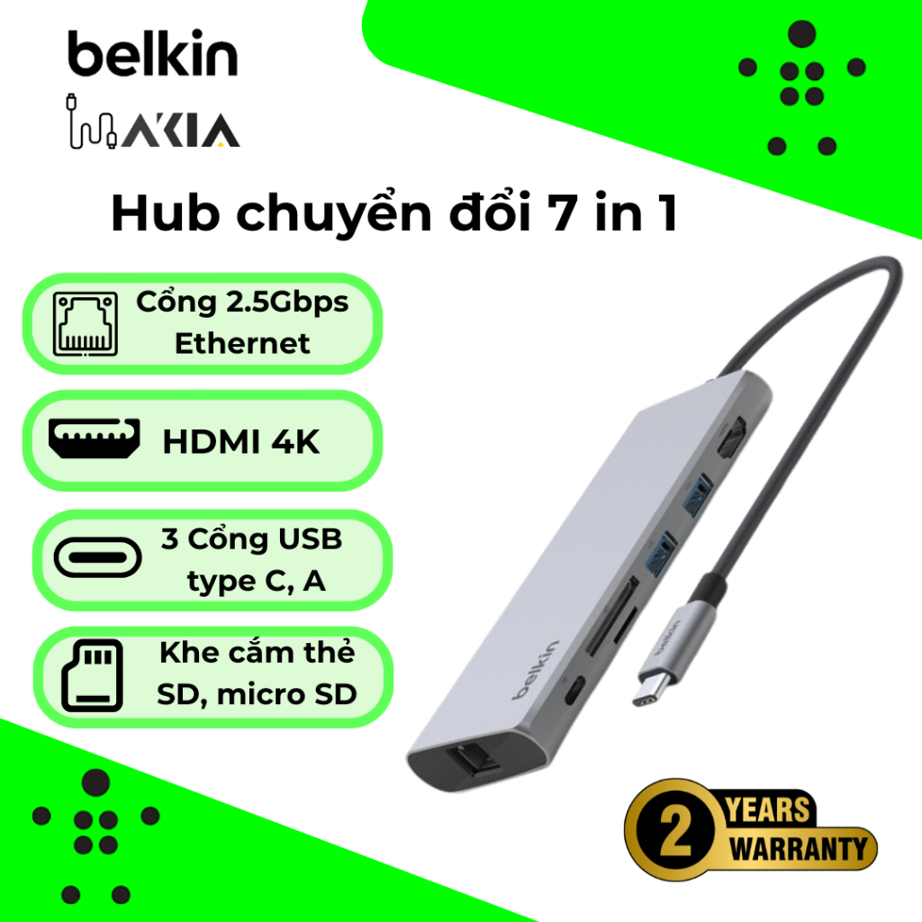 Hub USB type C 7 cổng Belkin, 2.5Gbps Ethernet, USB-C PD, SD, Micro SD Card, 2 USB A, HDMI 4K 60Hz