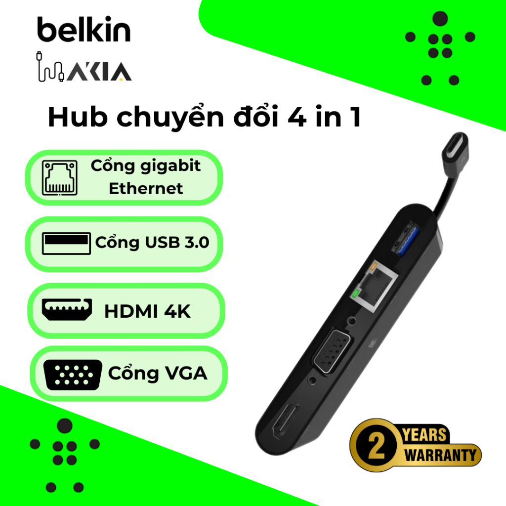 Hub chuyển đổi 4 in 1 Belkin, Gigabit Ethernet, USB-A 3.0, VGA, 4K HDMI, cáp type C, chính hãng
