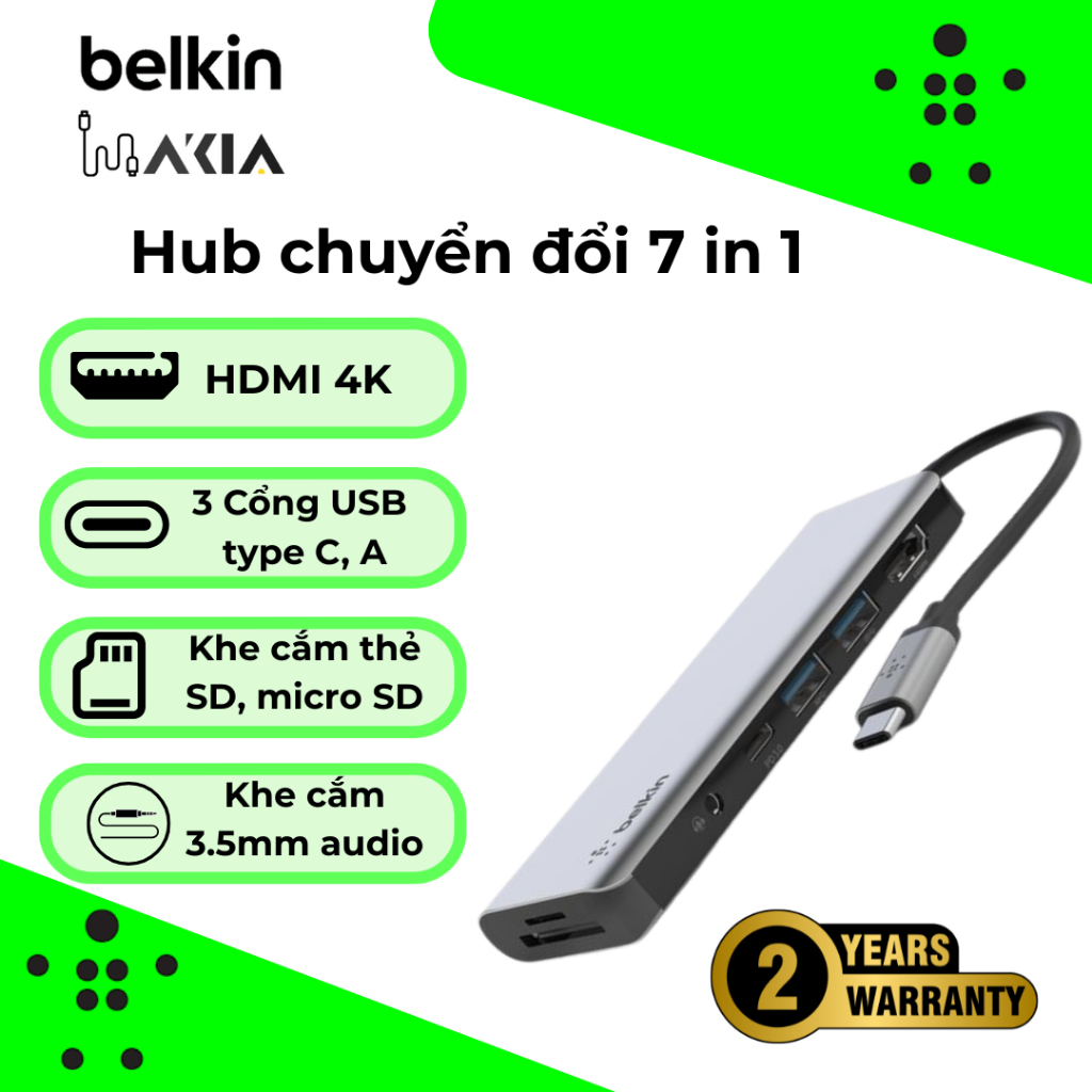 Hub chuyển đổi 7 cổng Belkin, 4K HDMI, USB-C PD, 2 USB-A, SD, Micro SD, 3.5 mm audio in/out, 100W PD