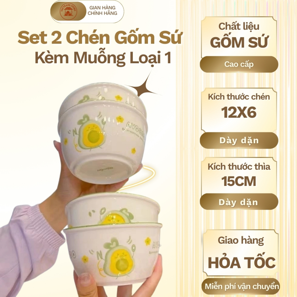 Set 2 Chén 2 Muỗng Gốm Sứ – Bộ Bát Muỗng Dễ Thương, Dùng Hàng Ngày