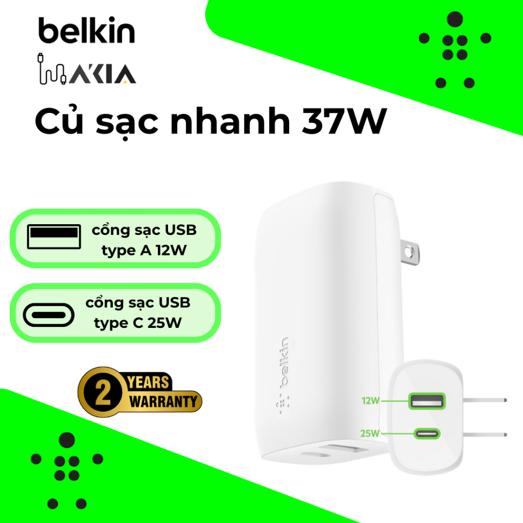 Củ sạc nhanh 37W Belkin, cổng USB C 25W, USB A 12W, chính hãng, bảo hành 2 năm