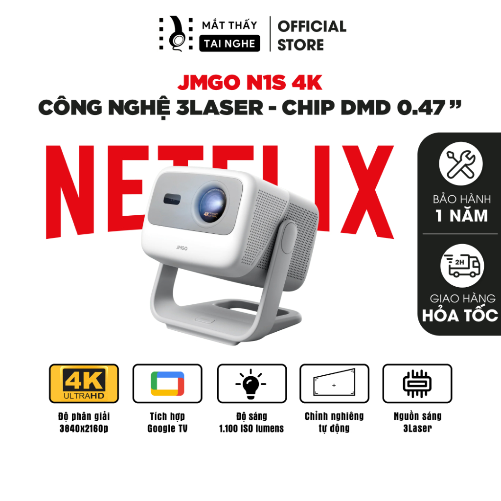 JMGO N1s 4K - Máy chiếu thông minh tích hợp Google TV, hỗ trợ Netflix chính chủ, độ phân giải 4K,độ 