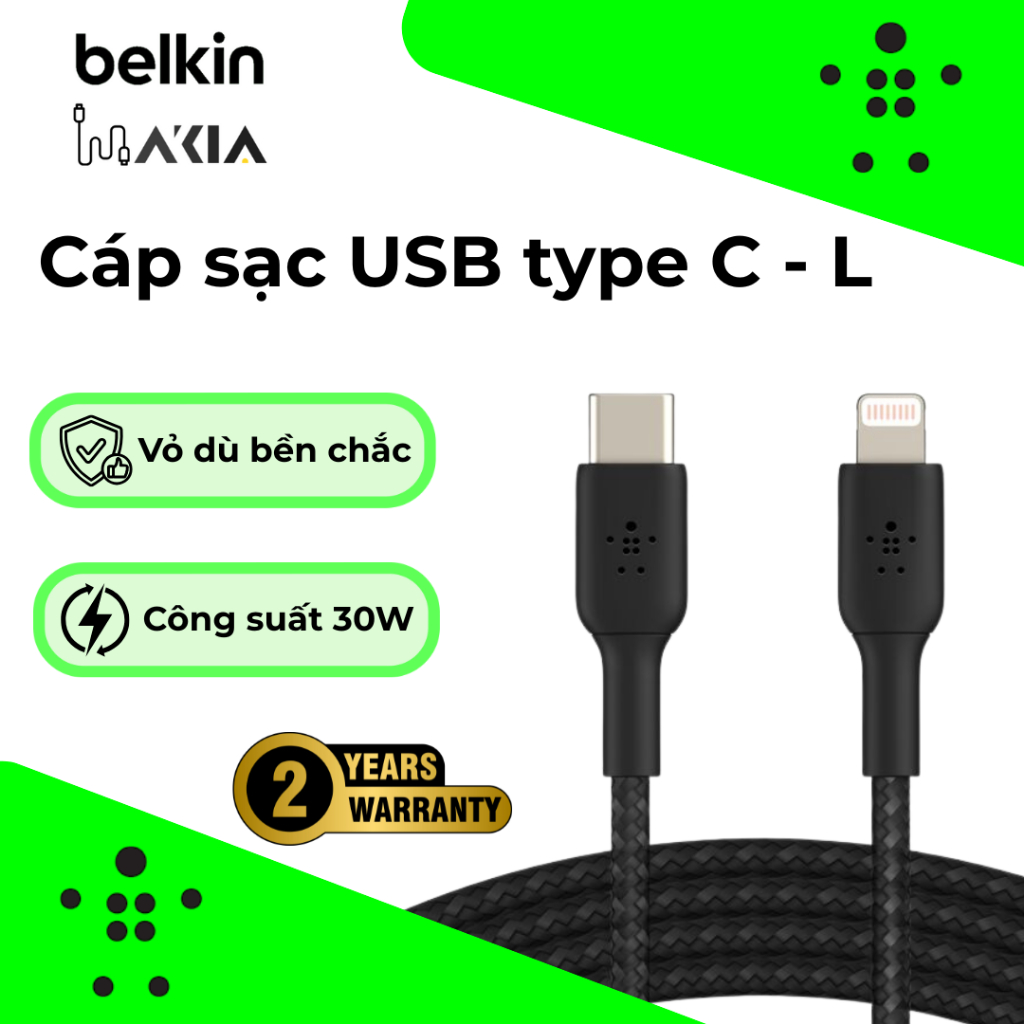[Chính hãng] Cáp sạc USB Type C - Lightig Belkin, 1 mét, vỏ dù, công suất 30w, màu đen/ trắng
