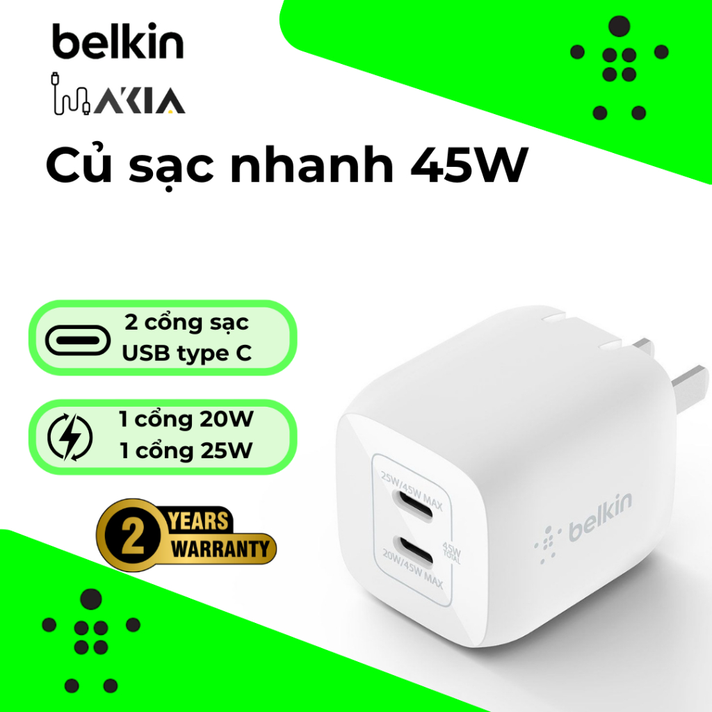 [Chính hãng] Củ sạc nhanh 2 cổng USB-C Belkin 45W, bảo hành 2 năm