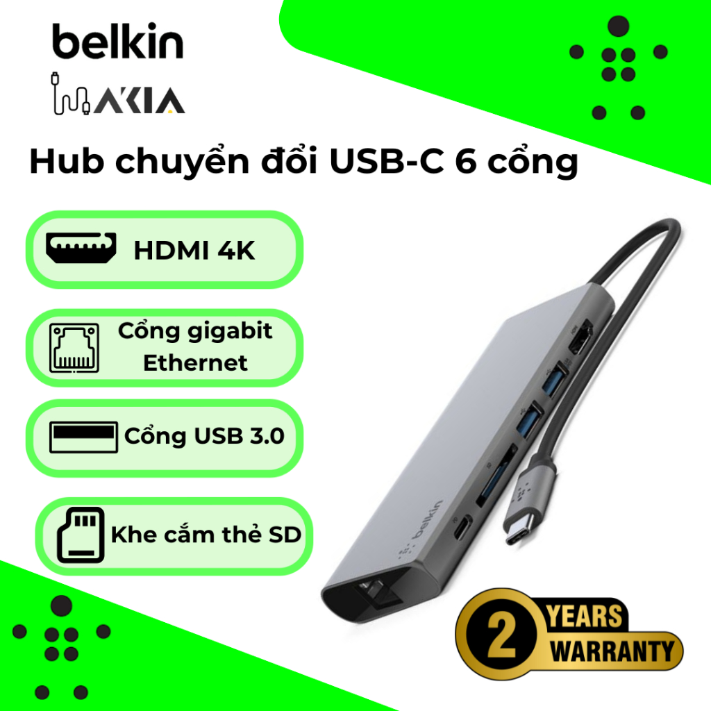 Hub 6 cổng USB-C Belkin, USB-A, USB-C, HDMI, ethernet, khe cắm SD, PD 60w, chính hãng, BH 2 năm