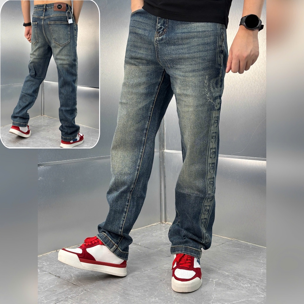 Quần Bò Nam Cao Cấp - Jean Ống Xuông Họa Tiết Monogram Phối 2 Bên Cực Nét VIC LUXURY Chất Chơi - [FR
