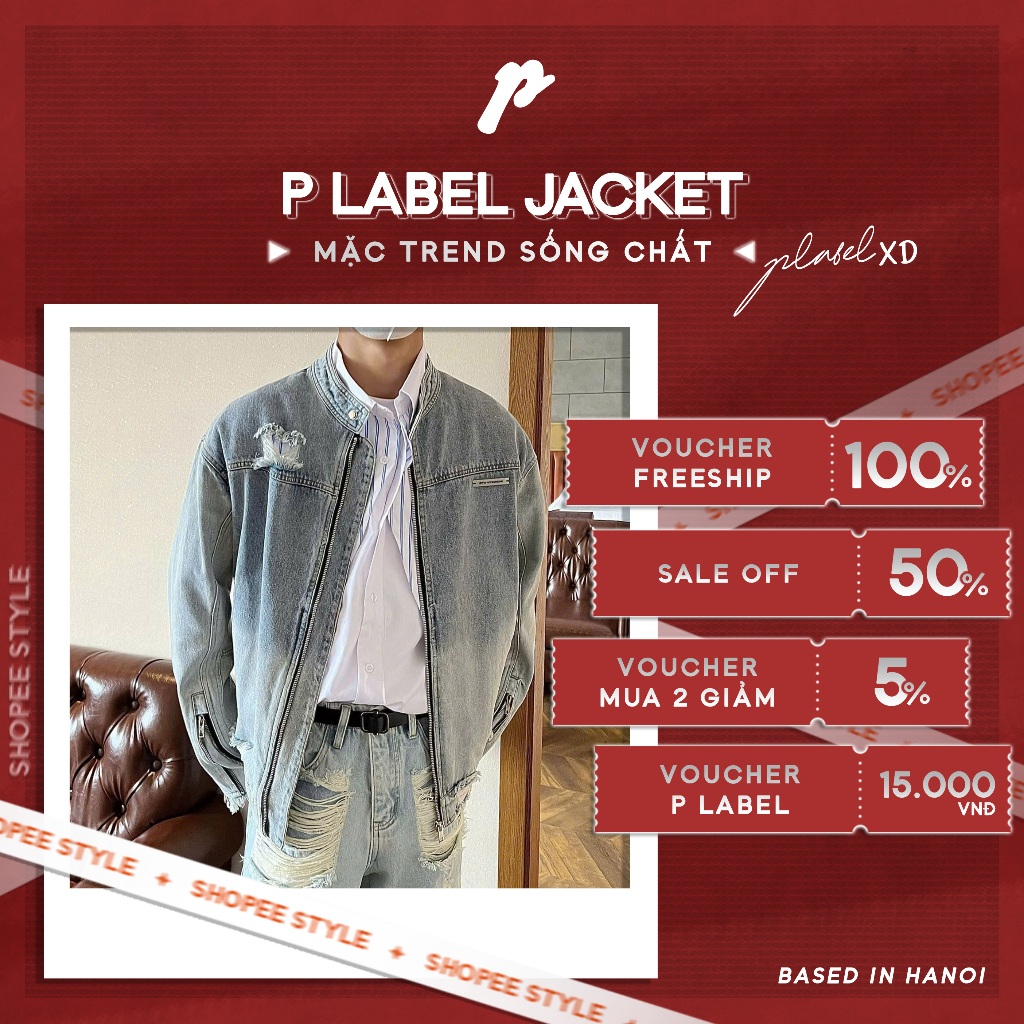 P LABEL Áo Khoác Denim Biker Jacket Rách Áo Khoác Bò Cổ Trụ Phối Khóa Zip Tay Phong Cách Dirty Coins
